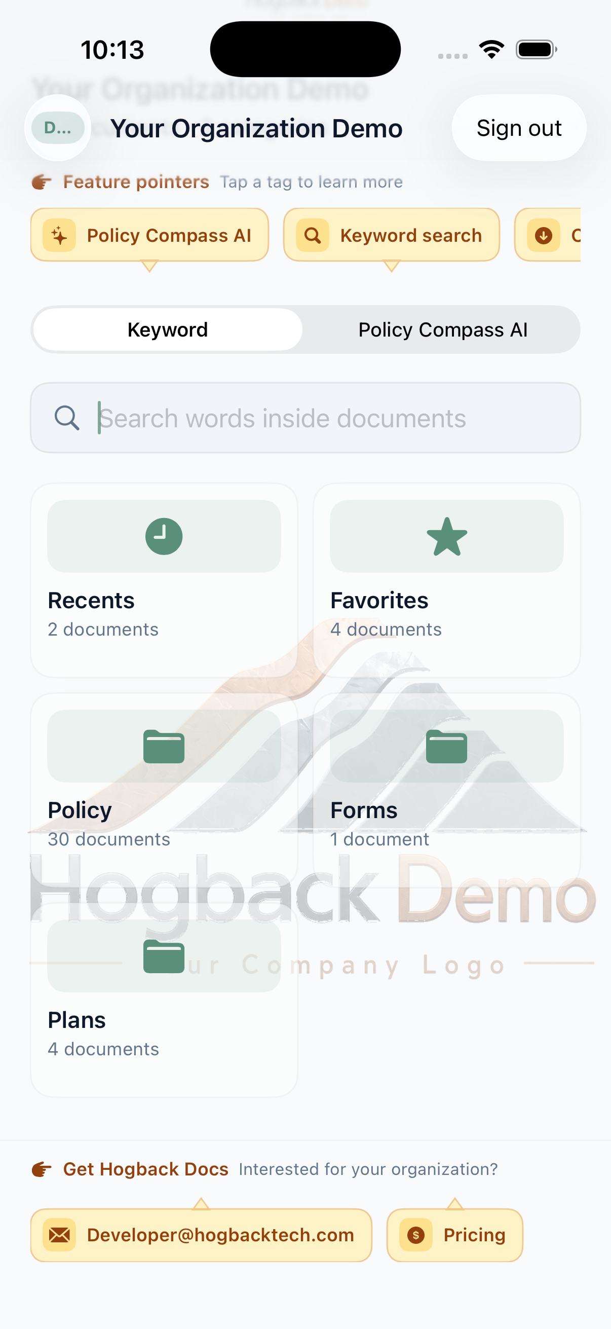Browse policies, forms, plans, recents, and favorites