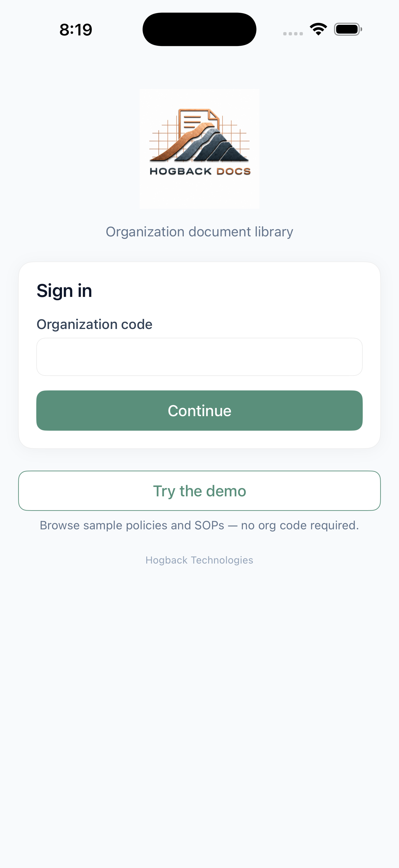 Sign in with your organization code — or try the demo
