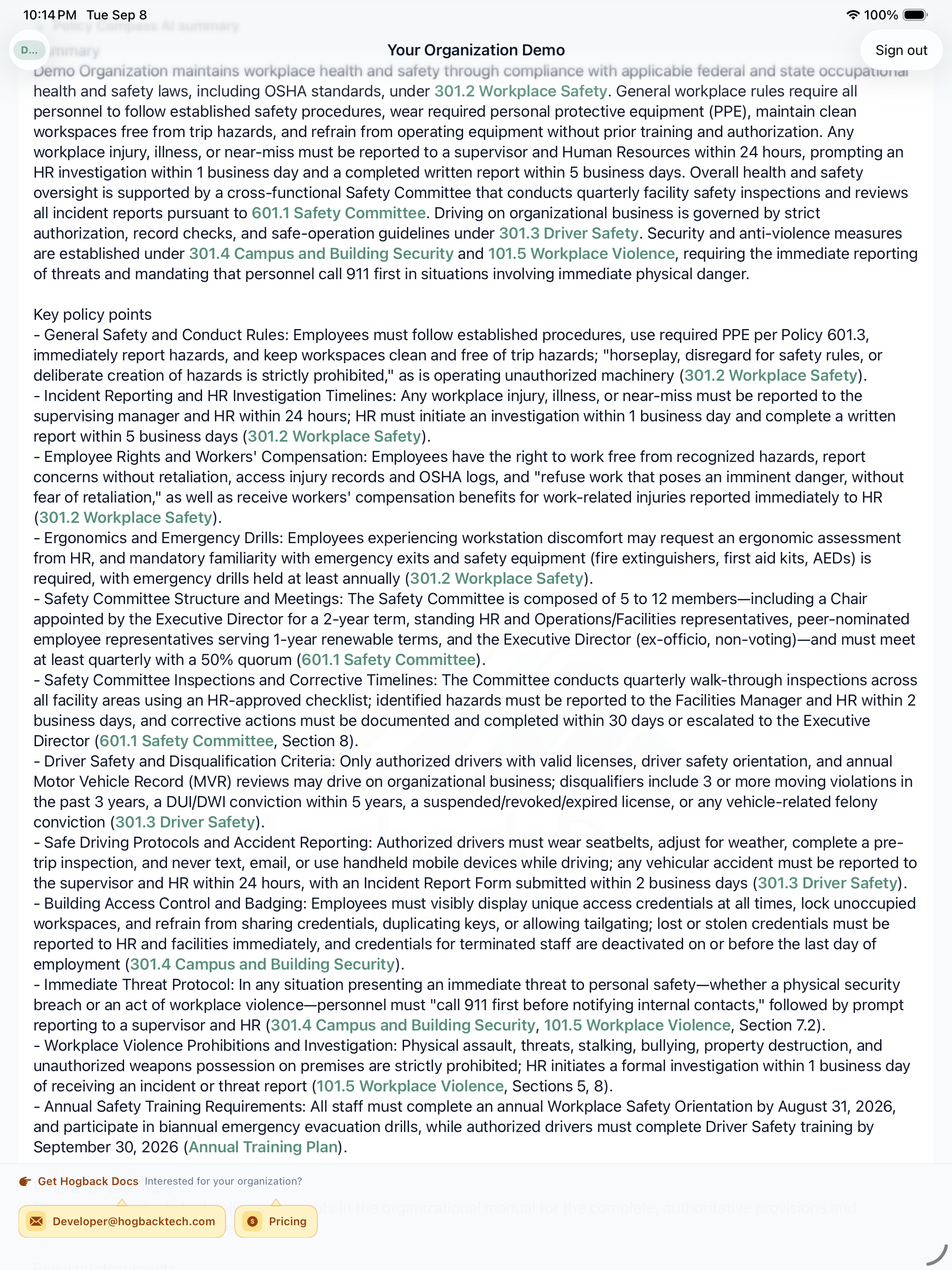 AI policy summaries with links back to source documents
